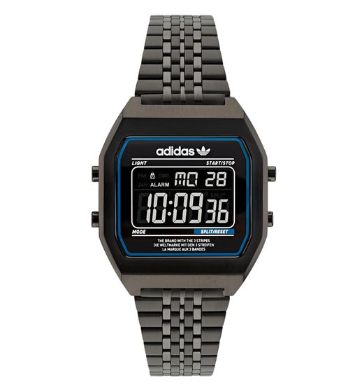 adidas Herren Digital-Uhr mit Zeitmessfunktionen Armbanduhr im Retro-Stil der 80er Edelstahl-Uhr Wasserdichtigkeit 5 ATM ST22073 Schwarz