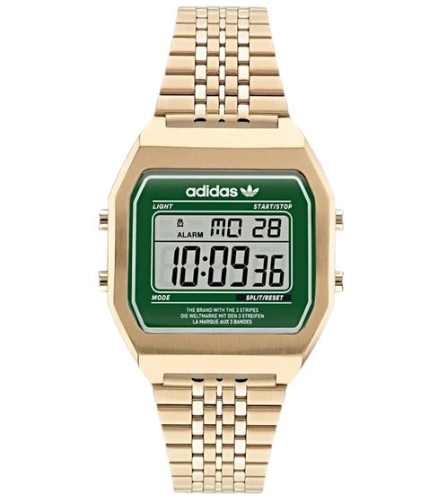 adidas men's digital watch with time measurement functions, wristwatch in retro style from the 80s, stainless steel watch, water resistance 5 ATM ST22071 gold/green