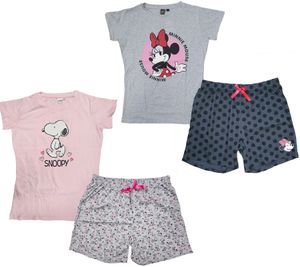 Disney Minnie Mouse oder PEANUTS Snoopy Damen Shorty Baumwoll-Pyjama kurze Hose T-Shirt mit Minnie Mouse-Print oder Snoopy-Print Grau/Schwarz oder Rosa/Weiß