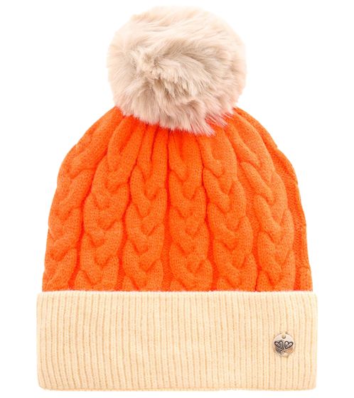 ZWILLINGSHERZ women's bobble hat with cable and ribbed pattern, wool content, winter hat, one size 4609M KL3906 orange/beige