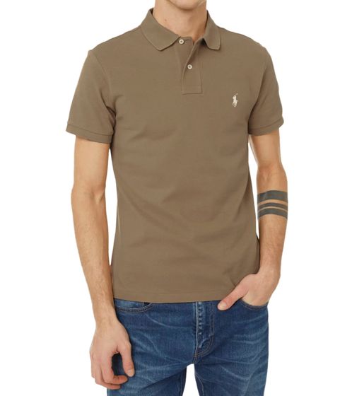 POLO RALPH LAUREN Herren Polo-Shirt Slim Fit Baumwoll-Shirt Kurzarm-Shirt Basic-Shirt 710536856339 Braun/Creme-Weiß