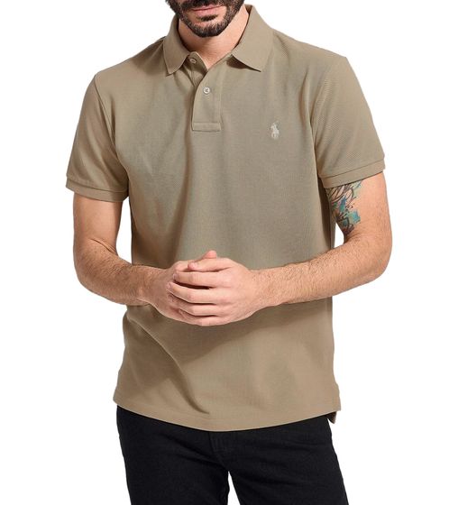 POLO RALPH LAUREN Herren Polo-Shirt Custom Slim Fit Baumwoll-Shirt Kurzarm-Shirt Basic-Shirt 710680784306 Beige/Creme-Weiß