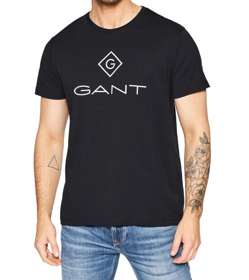 GANT Herren T-Shirt mit großem Marken-Print Baumwoll-Shirt Rundhals-Shirt 2023000 5 Schwarz