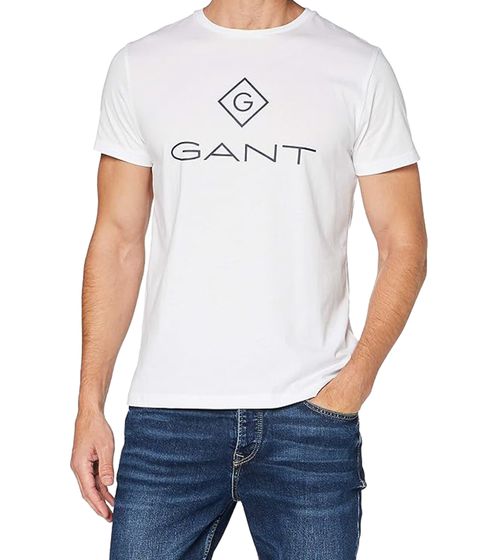 GANT Herren T-Shirt mit großem Marken-Print Baumwoll-Shirt Rundhals-Shirt 2023000 110 Weiß