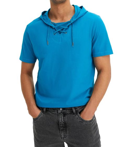 modisches Herren Kapuzen-T-Shirt aus Bio-Baumwolle Kurzarm-Shirt mit Schnürung 948944 Blau