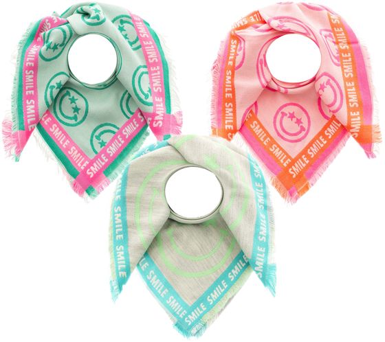 ZWILLINGSHERZ Happy Smiley square scarf with writing and pattern fashion scarf 3014A-1003 in green/pink, pink/orange or grey/turquoise