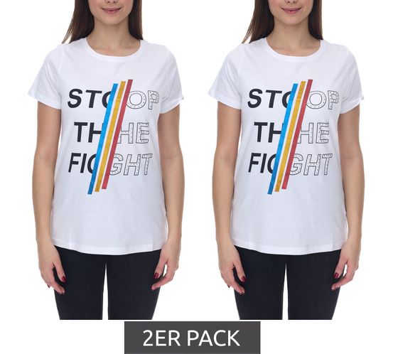 Pack of 2 Aniston CASUAL short-sleeved women's cotton T-shirt with STOP THE FIGHT lettering 2281 4642 white