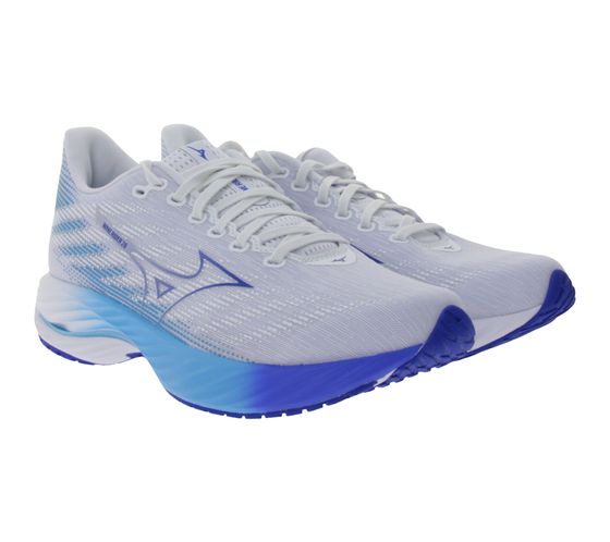 Chaussures de jogging pour femmes et hommes MIZUNO Wave Rider 28 Chaussures de course avec mousse Enerzy et plaque Wave J1GD240321 Blanc/Bleu