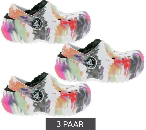 3 Paar crocs Classic Lined Tie-Dye Kinder Haus-Schuhe gefütterte Clogs mit Dual-Crocs-Comfort 206683-0C4 Bunt