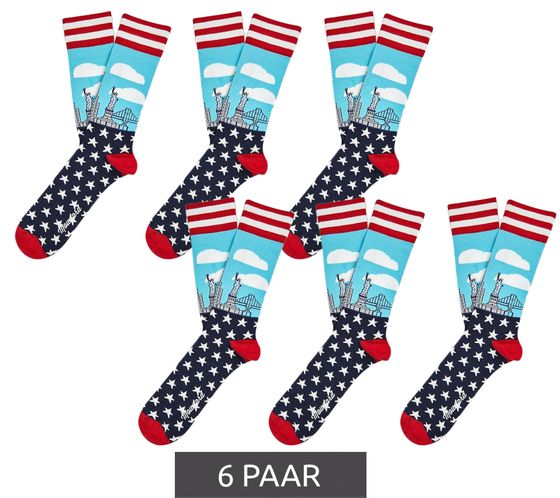 6 Paar Moustard New York City Herren Baumwoll-Socken mit Allover-Print gemusterte lange Strümpfe 17S-NYORK-M Blau/Rot/Weiß