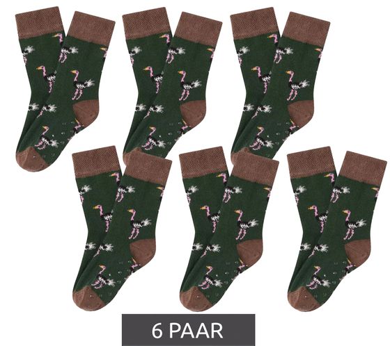 6 pairs of Moustard children's cotton socks with ostrich all-over print patterned stopper socks baby socks 20S-OSTR-012 brown/green/pink