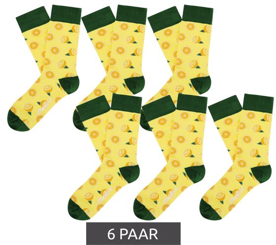 6 pairs of Moustard Lemon ladies cotton socks with lemon all-over print patterned long stockings 17S-Lemon Yellow/Green