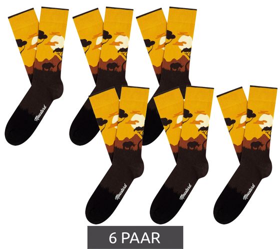 6 pairs of Moustard Savanna men's cotton socks with savannah all-over print patterned long socks 19S-GIR orange/brown/black