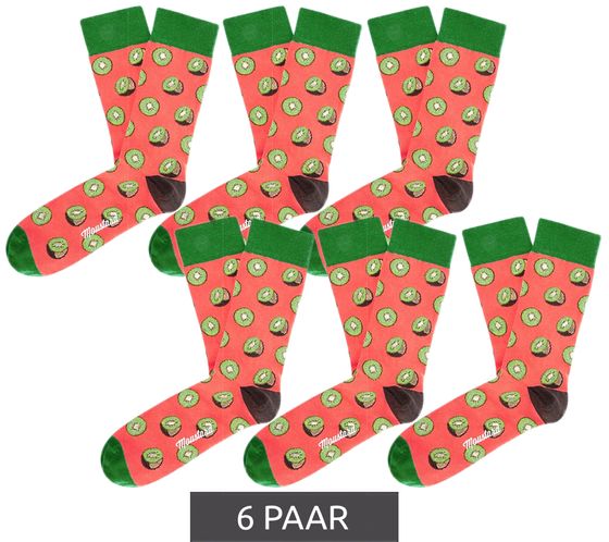 6 pairs of Moustard women's cotton socks with kiwi all-over print patterned long socks 17S-KIWI green/brown/pink