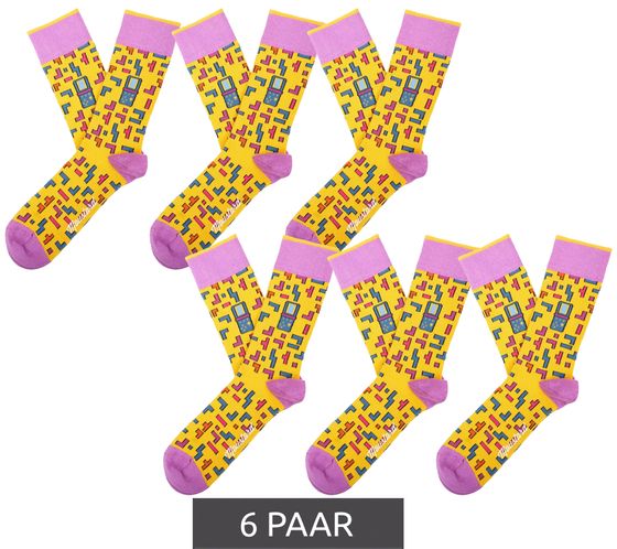 6 Paar Moustard Tetris Baumwoll-Socken mit Allover-Print im Retro-Gameplay Design gemusterte lange Strümpfe 22S-TETRIS Gelb/Blau/Rosa/Lila