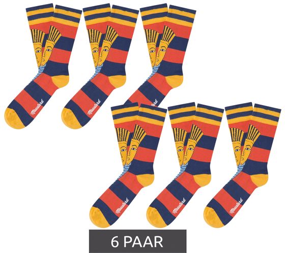 6 pairs of Moustard cotton socks with a picture of the Pharaoh Tutankhamun, striped long socks 20S-TUTAN blue/red/gold