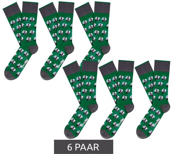 6 Paar Moustard Herren Baumwoll-Socken mit Panda Allover-Print gemusterte lange Strümpfe 19S-PAN Grün/Grau/Schwarz