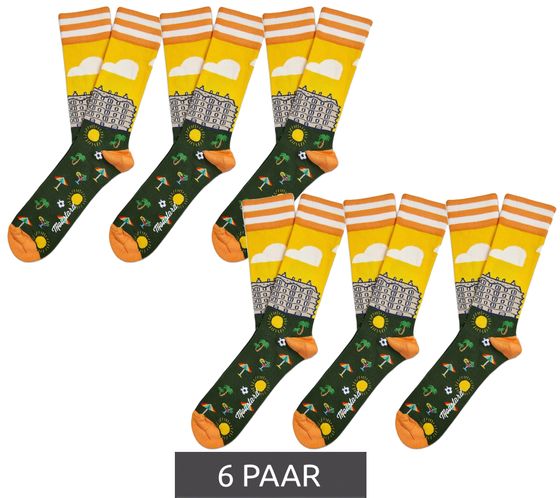 6 Paar Moustard Barcelona Herren Baumwoll-Socken mit Skyline von Barcelona Allover-Print gestreifte und gemusterte lange Strümpfe 17S-BCN Grün/Orange/Gelb