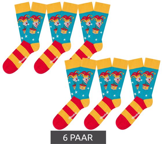 6 Paar Moustard Jack in the Box Baumwoll-Socken Schachtel-Teufel Design gestreifte lange Strümpfe 20S-JACK Rot/Gelb/Blau