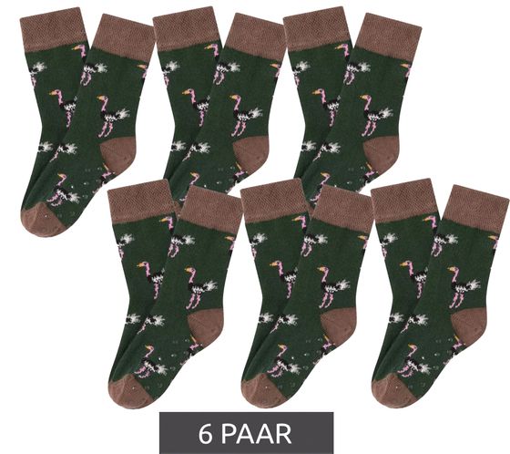 6 pairs of Moustard children's cotton socks with ostrich all-over print patterned stopper socks baby socks 20S-OSTR-1224 light brown/green/pink