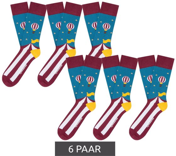 6 Paar Moustard Circus and Baloons Baumwoll-Socken Circus Design mit Heißluftballon gestreifte und gemusterte lange Strümpfe 20S-CIRCUS Blau/Rot/Gelb/Weiß