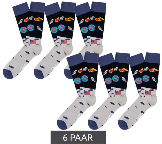 6 Paar Moustard Moon Landing Astronaut Herren Baumwoll-Socken mit Weltraum Print gemusterte lange Strümpfe Dunkelblau/Grau