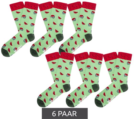 6 Paar Moustard Watermelon Herren Baumwoll-Socken mit Wassermelonen Allover-Print gemusterte lange Strümpfe 17S-wmelon Hellgrün/Dunkelgrün/Rot