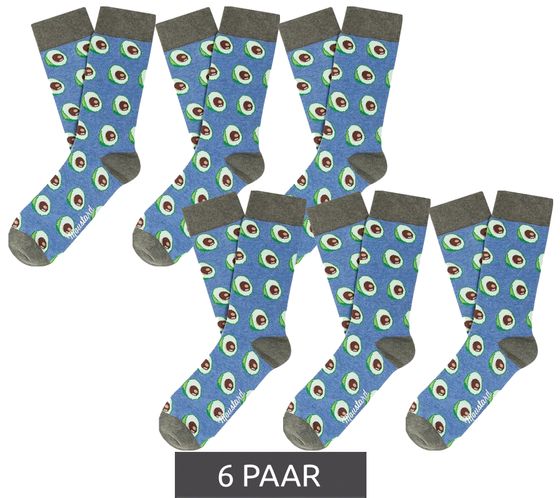 6 pairs of Moustard Avocado men's cotton socks with avocado all-over print patterned long socks 18S-AVO dark blue/grey/green