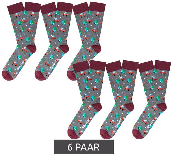 6 pairs of Moustard Alien men's cotton socks with alien and UFO all-over print patterned long socks 17S-ALIEN-2 Red/Grey