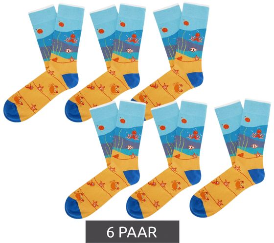 6 Paar Moustard Coral life Baumwoll-Socken Strand Design mit Meerestieren gemusterte lange Strümpfe 19S-COR Hellblau/Dunkelblau/Orange