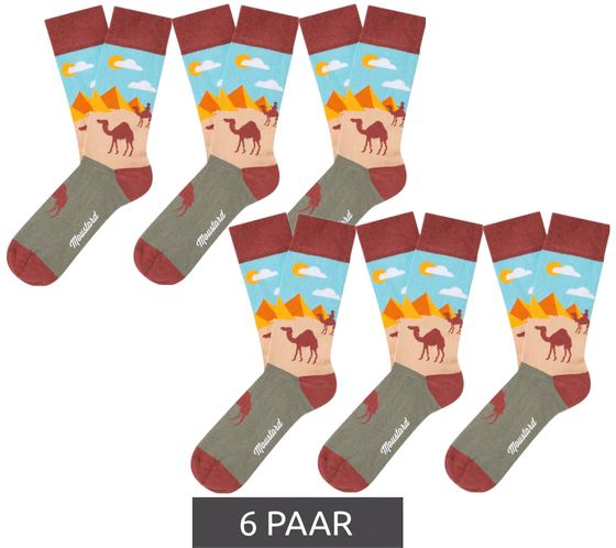 6 Paar Moustard Pyramids and Camels Baumwoll-Socken Wüsten Design mit Pyramiden und Kamelen gemusterte lange Strümpfe 20S-PYRAM Hellblau/Rot/Beige