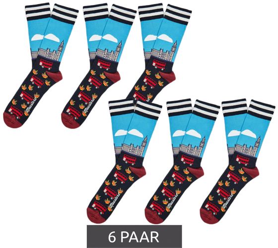 6 Paar Moustard London Herren Baumwoll-Socken mit Skyline von London Allover-Print gestreifte und gemusterte lange Strümpfe 17S-LONDON Dunkelblau/Rot/Weiß