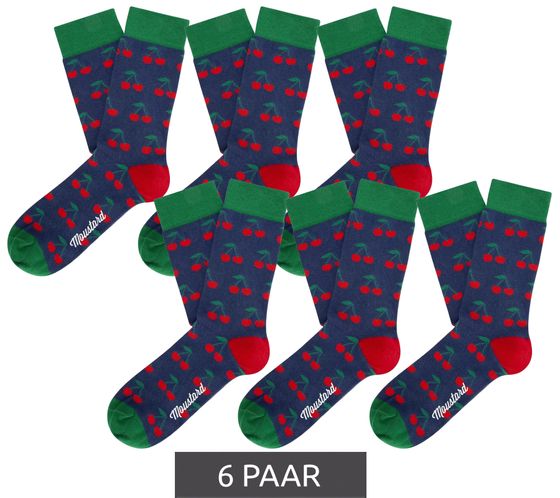 6 Paar Moustard Cherries Herren Baumwoll-Socken mit Kirschen Allover-Print gemusterte lange Strümpfe 17S-CHERR-M Grün/Rot/Dunkelblau