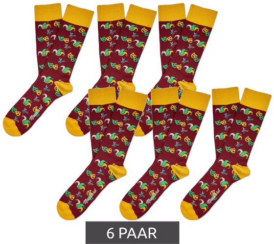 6 pairs of Moustard Mardi Grass men's cotton socks with harlequin and jester caps all-over print patterned long socks 17S-MGRASS-M yellow/dark red/yellow