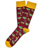 6 Paar Moustard Mardi Grass Herren Baumwoll-Socken mit Harlekin und Narrenkappen Allover-Print gemusterte lange Strümpfe 17S-MGRASS-M Gelb/Dunkelrot/Gelb