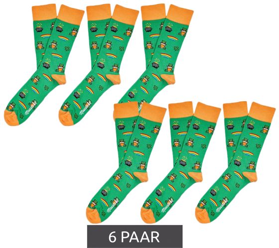 6 pairs of Moustard St. Patrick's men's cotton socks with rainbow and gold pot all-over print patterned long socks 17S-SPATR green/orange/white