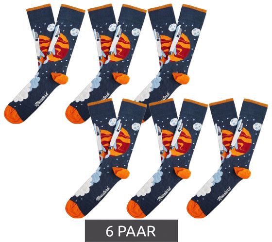 6 Paar Moustard Mars Starship Herren Baumwoll-Socken mit Weltraum und Raketen Print gemusterte lange Strümpfe 21S-STARS-W Orange/Dunkelblau