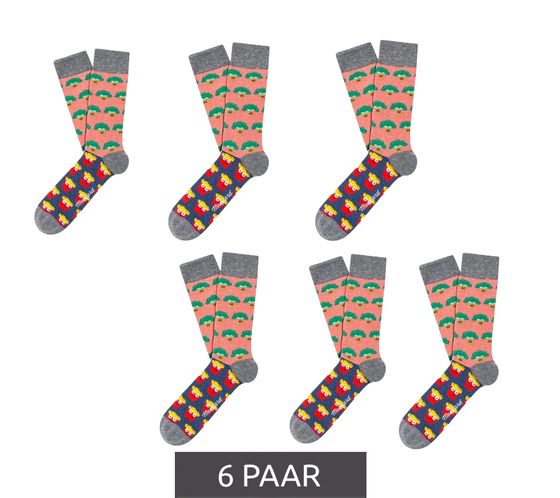 6 pairs of Moustard Broccoli vs Fries men's cotton socks with fries and broccoli all-over print patterned long socks 18S-BROC Grey/Pink/Yellow