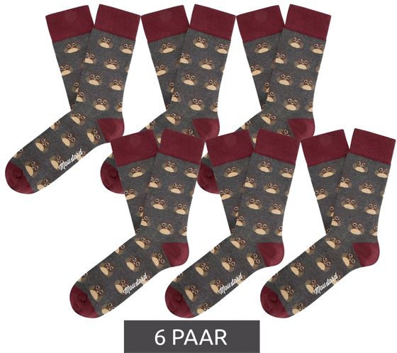 6 Paar Moustard Owl  Baumwoll-Socken mit Eulen-Allover-Print gemusterte lange Strümpfe 20S-OWL Grau/Rot/Beige