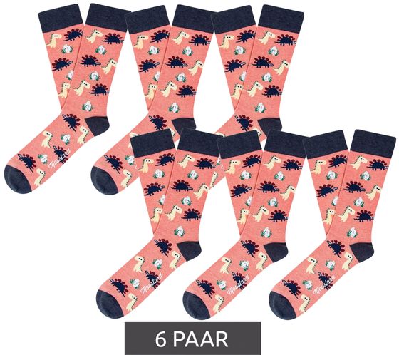 6 Paar Moustard Dinosaurs Chilling Herren Baumwoll-Socken mit Dinosaurier-Print gemusterte lange Strümpfe 18S-DINO Rosa/Blau/Beige