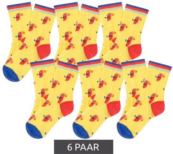 6 pairs of Moustard Parrot children's cotton socks with parrot print patterned stopper socks bird print baby socks 20S-PARR ​​yellow/blue/red/orange