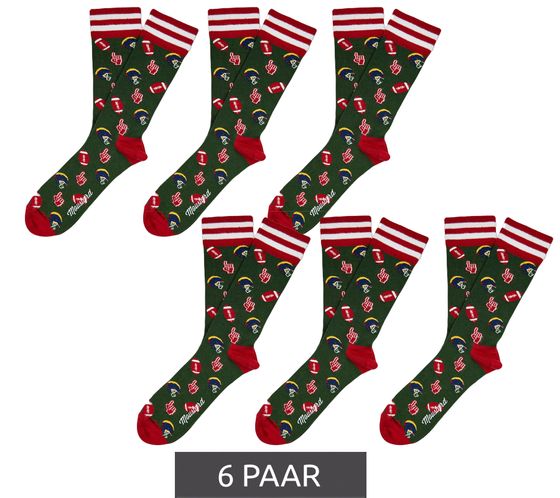 6 Paar Moustard American Football Baumwoll-Socken mit Football Motiven gemusterte lange Strümpfe 17S-AFOOT Grün/Rot/Bunt