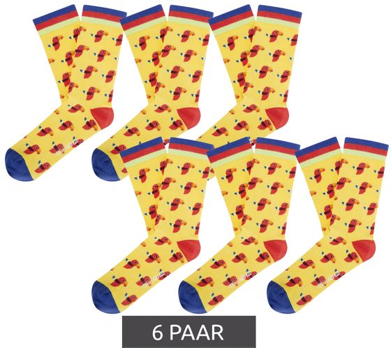 6 Paar Moustard Parrot Baumwoll-Socken mit Papageien-Print gemusterte lange Strümpfe 17S-PARR Gelb/Rot/Blau