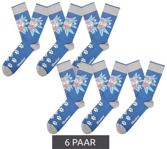 6 Paar Moustard Cats Baumwoll-Socken mit Katzen-Print und Blumen-Muster gemusterte lange Strümpfe 22S-CAT Blau/Grün/Grau