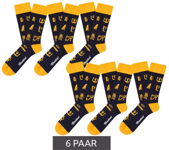 6 Paar Moustard Hieroglyphs Baumwoll-Socken mit Ägyptische Hieroglyphen gemusterte lange Strümpfe 20S-HIERO Gelb/Schwarz