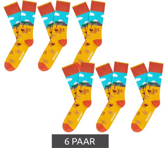 6 Paar Moustard Lion Baumwoll-Socken mit Löwen in der Steppe gemusterte lange Strümpfe 19S-LION Gelb/Blau/Orange