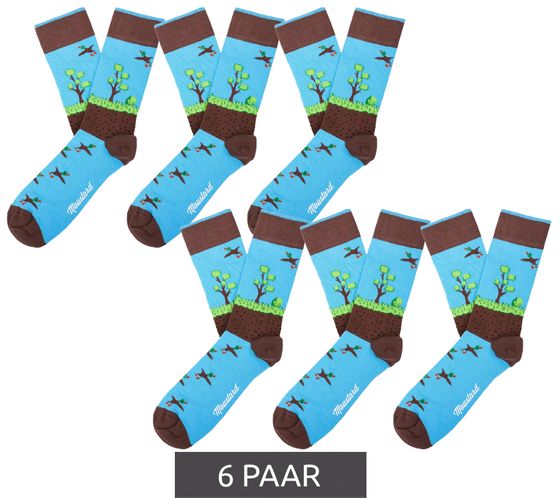 6 pairs of Moustard Duckhunt cotton socks with ducks and natural print patterned long socks 22S-DUCK blue/green/brown