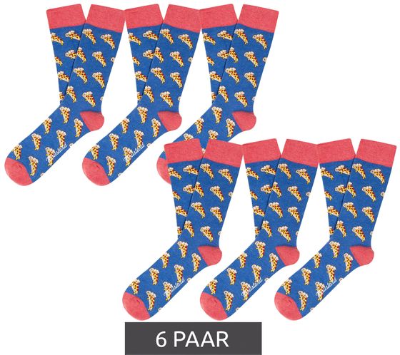 6 pairs of Moustard Pizza men's cotton socks with pizza slice print in salami style patterned long socks 18S-Pizza blue/red/yellow