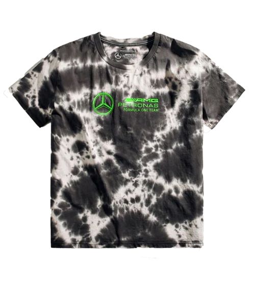 Mercedes-Benz AMG Petronas F1 Tie Dye Damen Baumwoll-Shirt Rundhals-Shirt mit Team- und Sponsoren-Logos T-Shirt im Batik Look 701225139 001 Schwarz/Creme