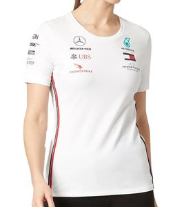 Camisa de algodón para mujer Mercedes-Benz AMG Petronas F1 MAPF1 Driver Camisa de manga corta con logotipos del equipo y del patrocinador Camisa de cuello redondo 141101070 200 Blanco